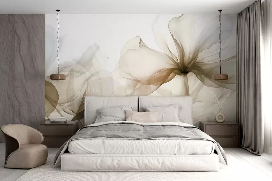 Fototapetai Rudos abstrakčios gėlės su minkštais, permatomais žiedlapiais ir subtiliomis detalėmis baltame fone w08742v1