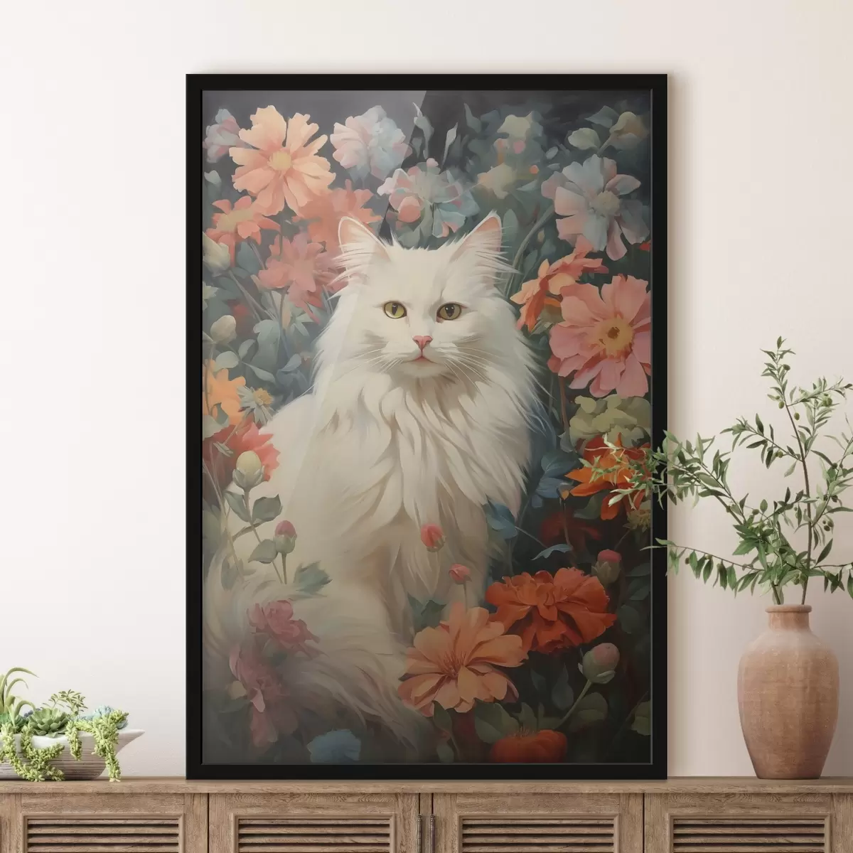 Plakatas Balta katė gėlėse f42905