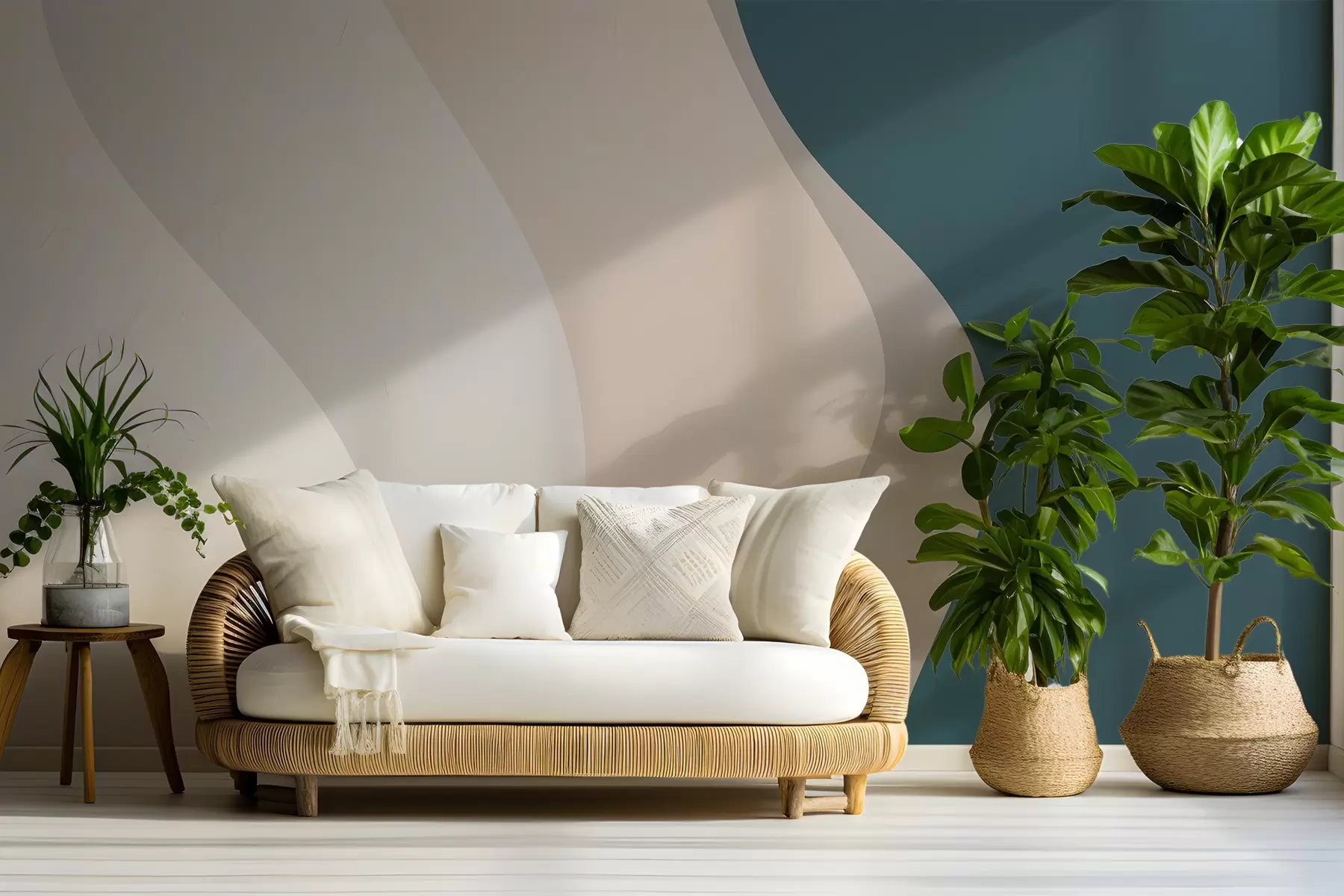 Fototapetai Abstraktus raštas su lygiomis banguotomis baltomis, smėlio ir tamsiai mėlynomis linijomis w03084v1