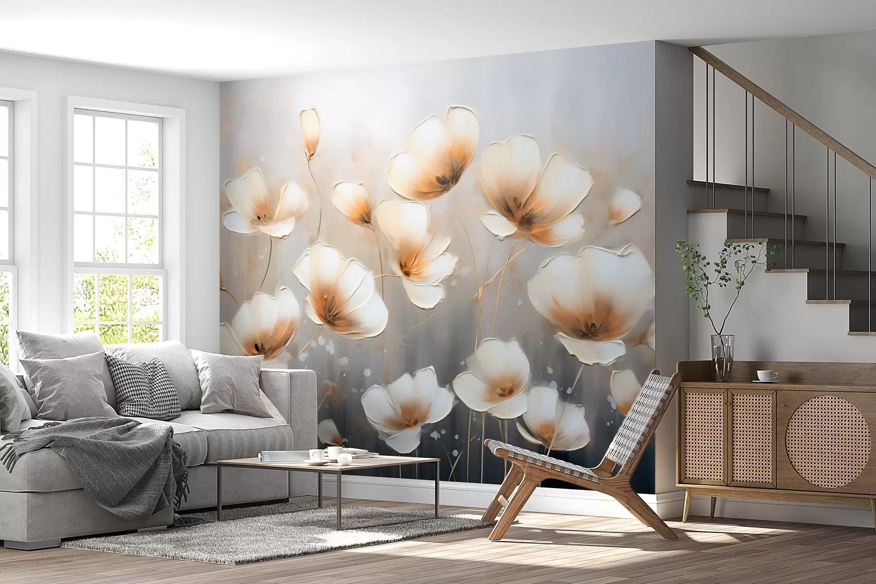 Fototapetai Elegantiškos gėlės su švelniais, minkštais smėlio mėlynos spalvos žiedlapiais w08746v1