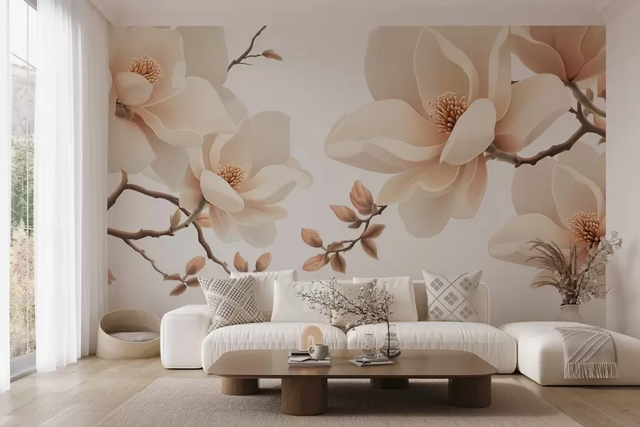 Fototapetai Kreminės spalvos magnolijos šakos baltame fone w08755