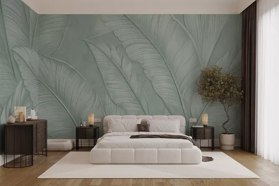 Fototapetai Didelės tekstūros detalūs dideli atogrąžų lapai, vienspalvės žalios spalvos, palėpės stiliaus  w08772v1