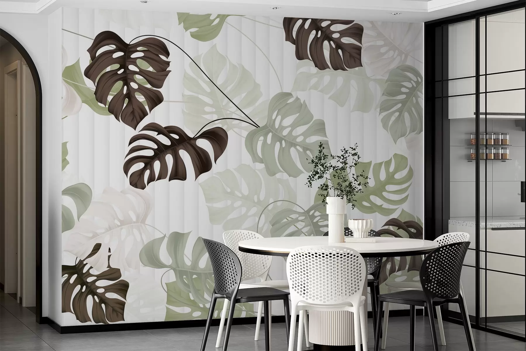 Fototapetai Žalių, baltų ir tamsiai rudų atspalvių monsteros lapai šviesiame dryžuotame fone w08773