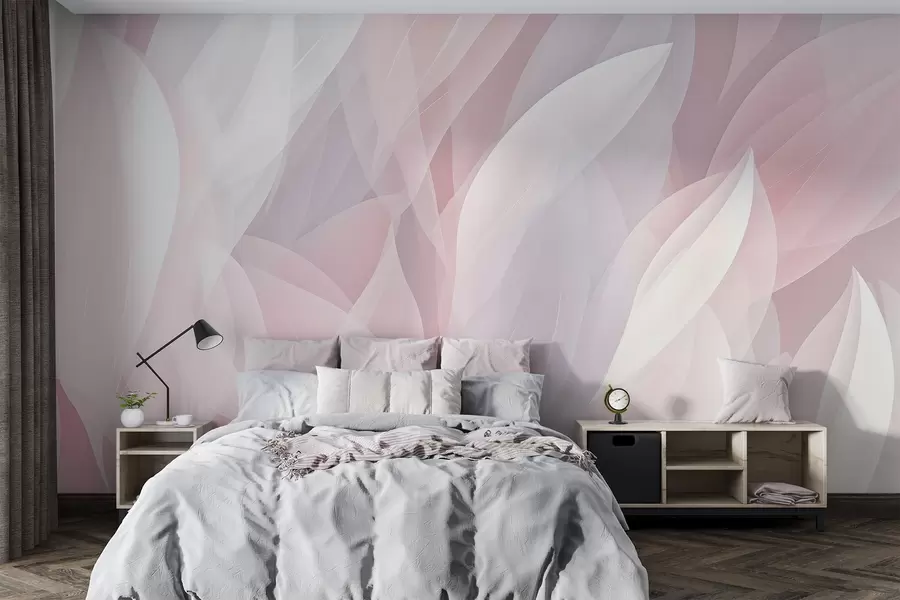 Fototapetai Abstraktus dizainas su švelniomis žiedlapius primenančiomis rausvų ir baltų atspalvių formomis, sukuriančiomis sluoksniuotą efektą w08774