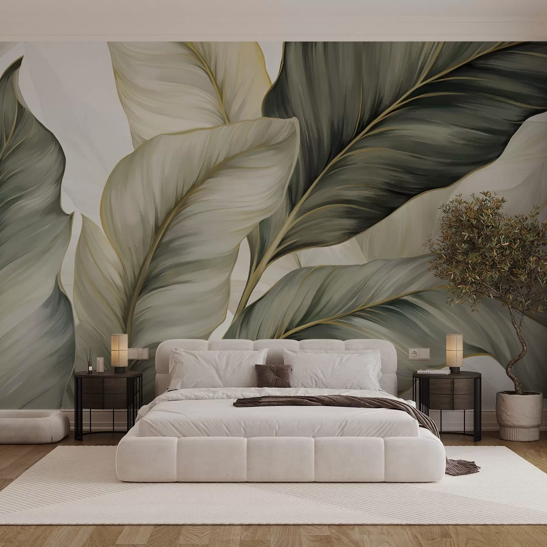 Fototapetai Dideli, stilizuoti tekstūriniai lapai su detaliai išdėliotomis gyslomis, įvairių žalios, kreminės ir smėlio spalvos atspalvių w08785