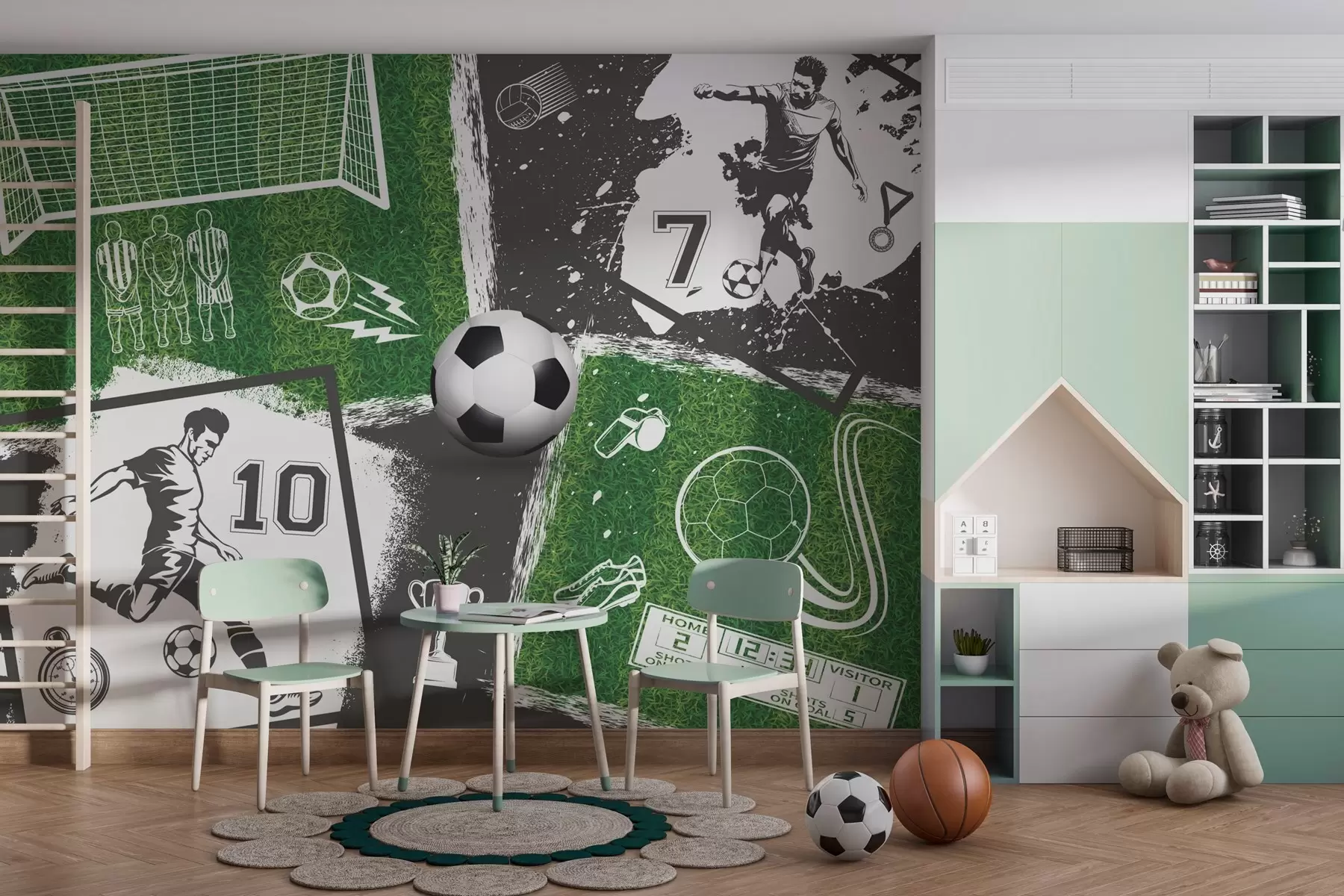 Fototapetai Futbolo žaidėjai, kamuolys ir laukas w03121