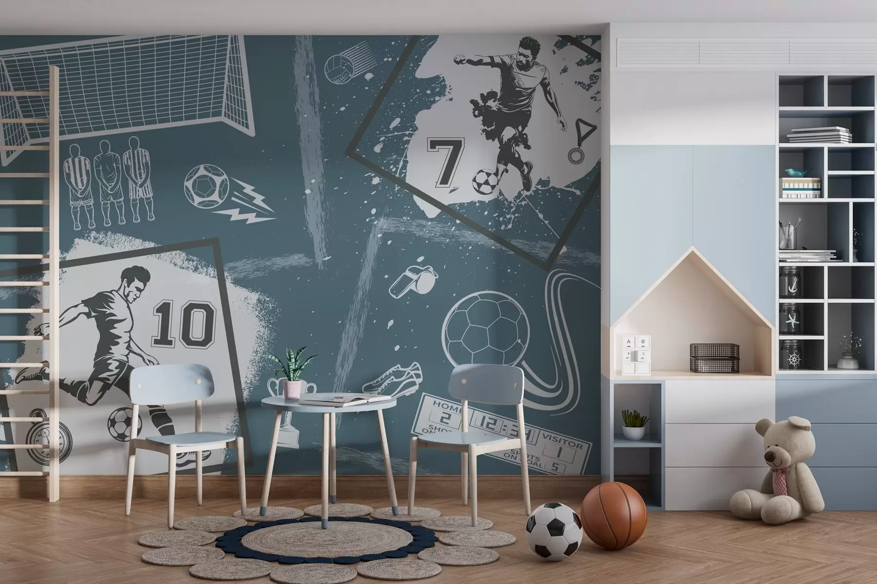 Fototapetai Futbolininkai, kamuolys ir kiti futbolo atributai mėlynais atspalviais w03122