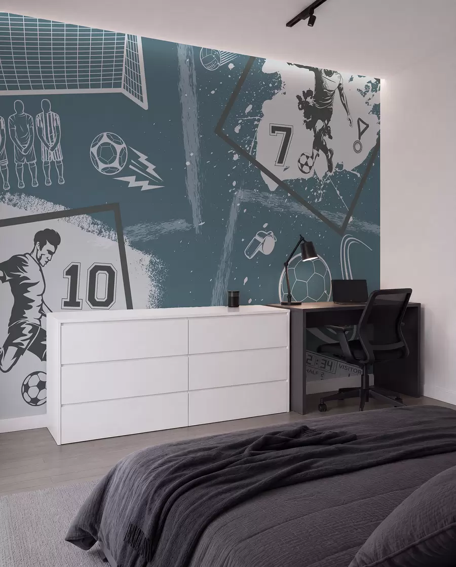 Fototapetai Futbolininkai, kamuolys ir kiti futbolo atributai mėlynais atspalviais w03122