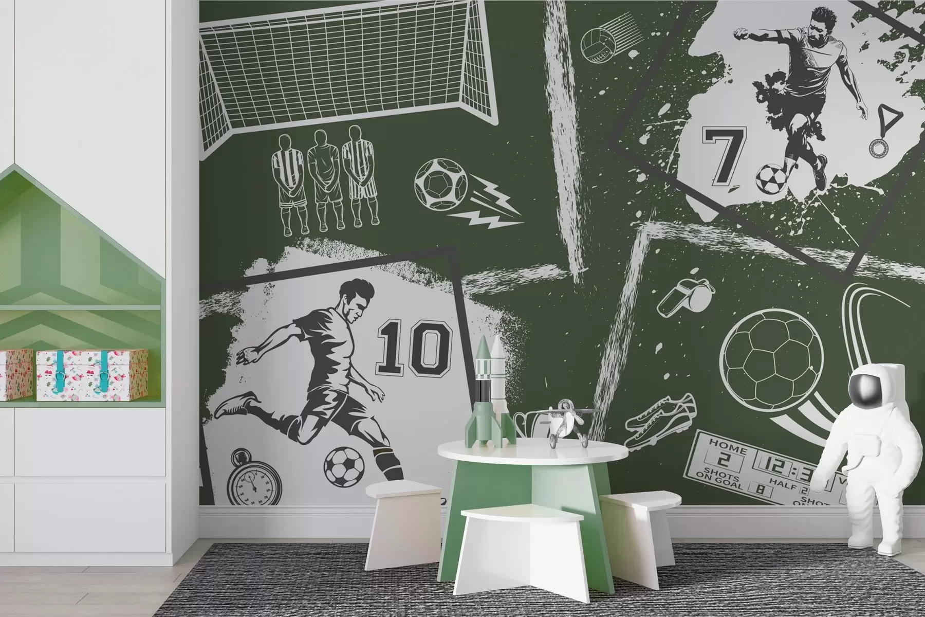 Fototapetai Žalių tonų futbolininkai, kamuolys ir kiti futbolo atributai w03122v2