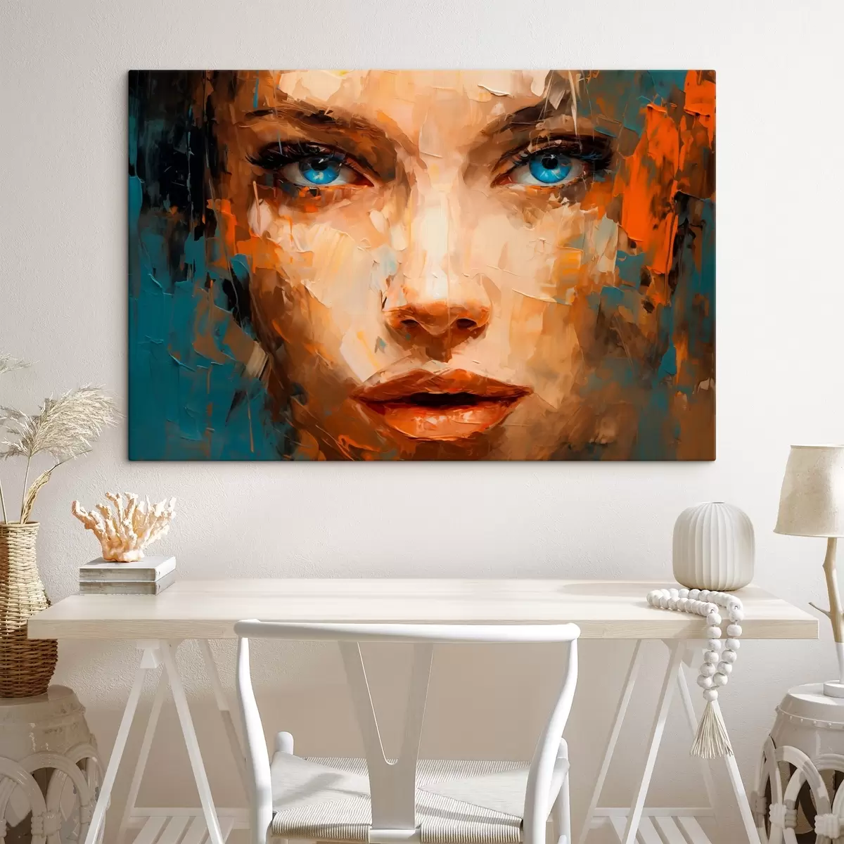 Paveikslėlis Abstraktus moters portretas drąsiais potėpiais su ryškiomis mėlynomis akimis s42939