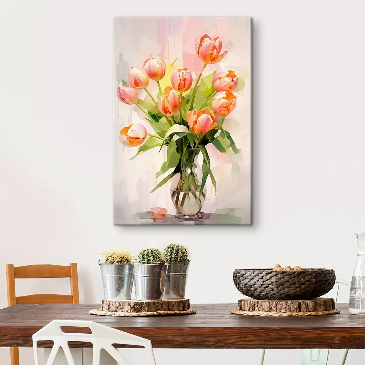 Paveikslėlis Tapytoji natiurmortas su tulpėmis stiklinėje vazoje šviesiame fone s42940