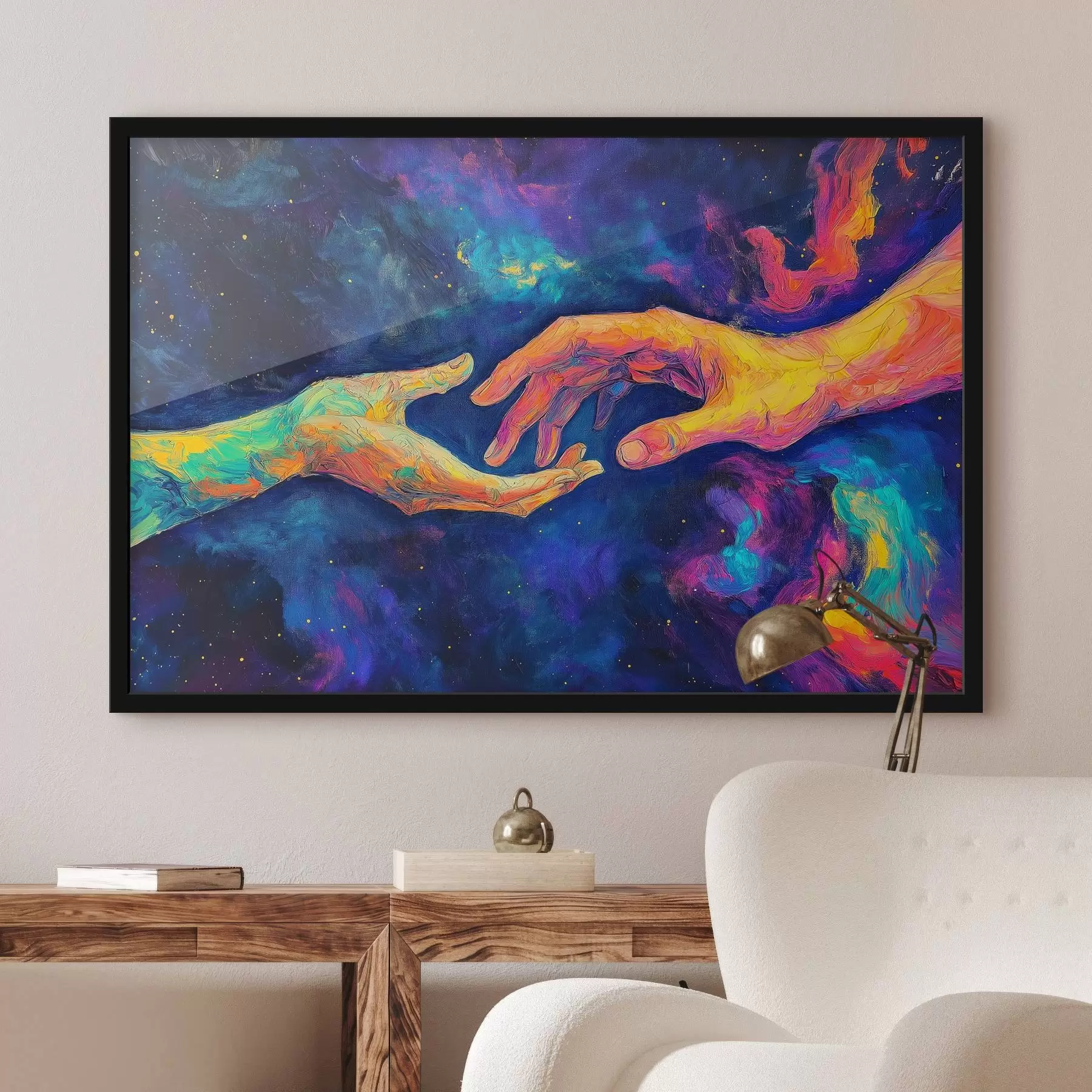 Fototapetai Abstrakti dviejų rankų, siekiančių viena kitos, kompozicija kosminiame fone su ryškiomis spalvomis f42937