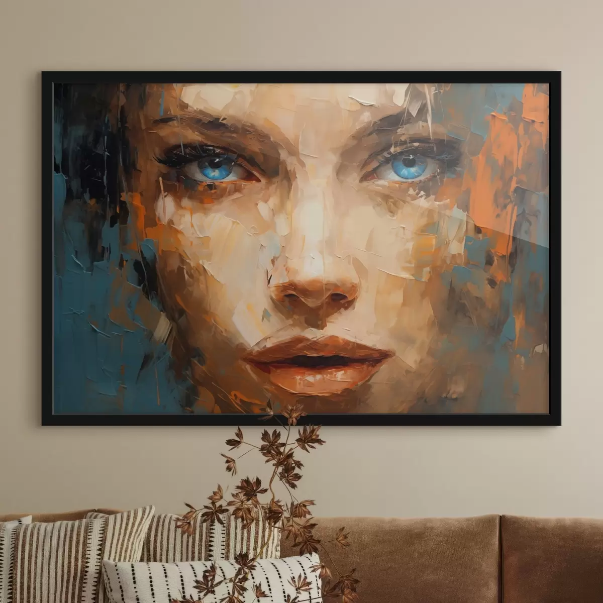 Plakatas Abstraktus moters portretas drąsiais potėpiais su ryškiomis mėlynomis akimis f42939