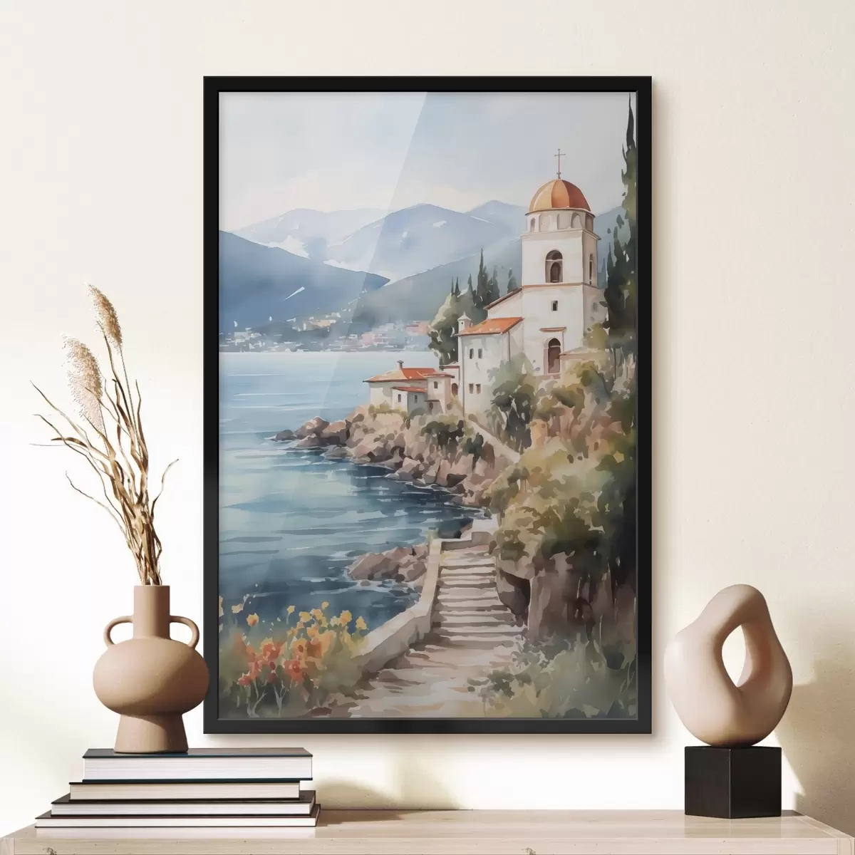 Plakatas Bažnyčia prie jūros su kalnais fone f42962