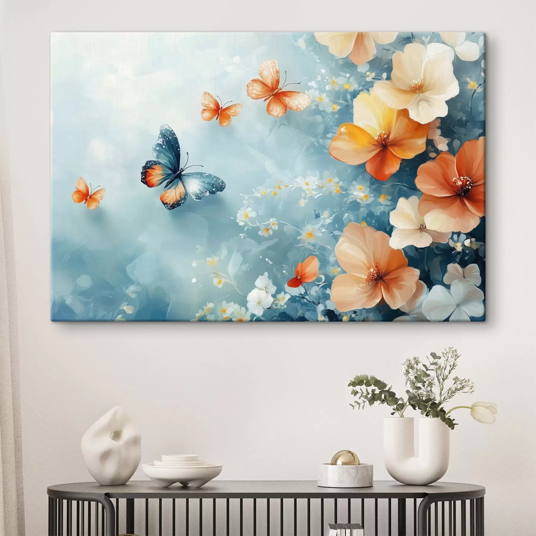 Fototapetai Oranžinės gėlės ir drugeliai s42974