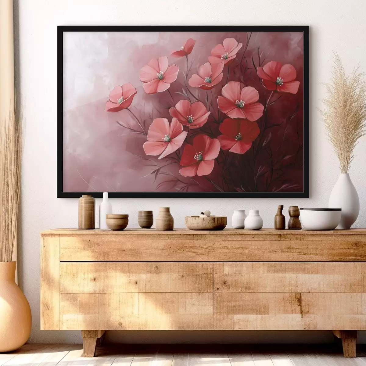 Plakatas Raudonos gėlės raudoname fone f42970
