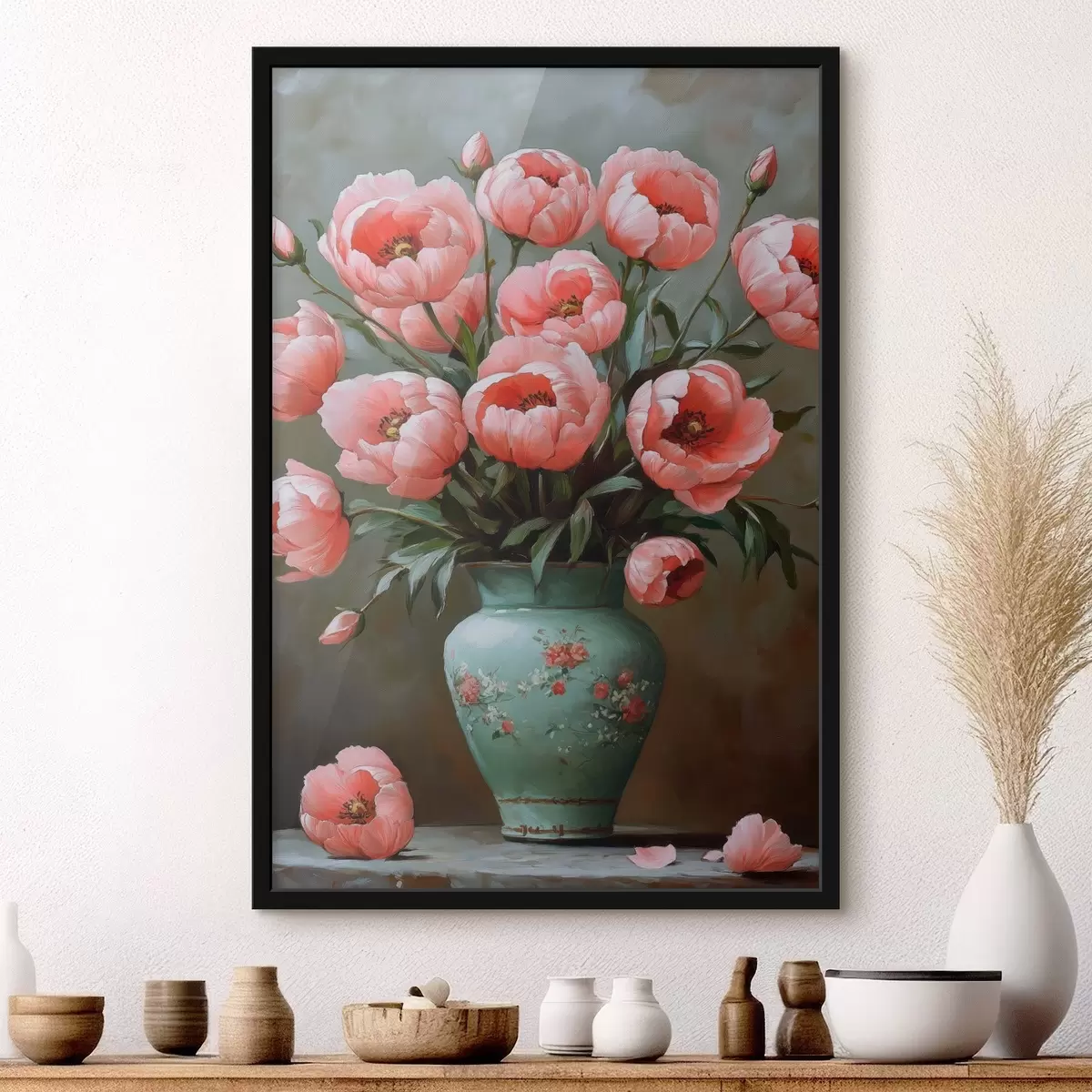 Plakatas Sodrios rožinės gėlės vazoje f42979