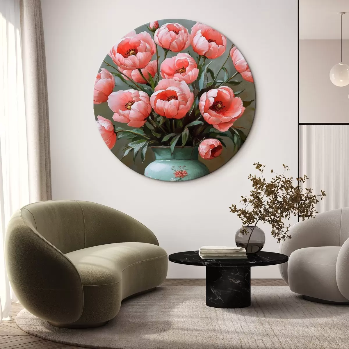 Apvalūs paveikslai Sodrios rožinės gėlės vazoje r42979