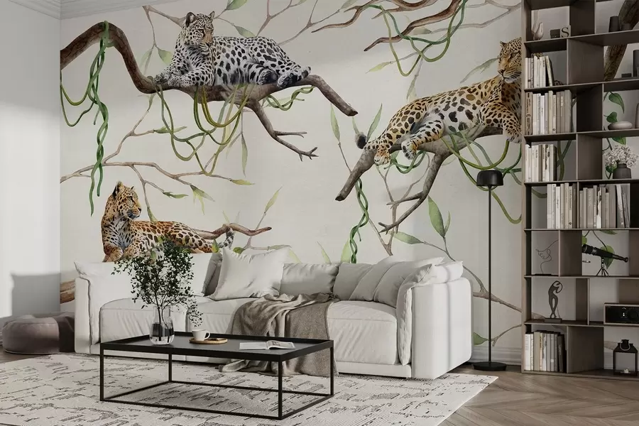 Fototapetai Leopardai ant džiunglių medžių, lianos, atogrąžų, laukiniai gyvūnai, natūralių spalvų paletė w03146