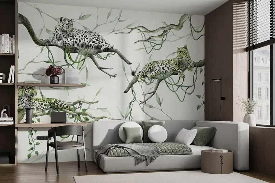 Fototapetai Leopardai ant džiunglių medžių, lianos, atogrąžų, laukiniai gyvūnai, žalia spalvų paletė w03146v1