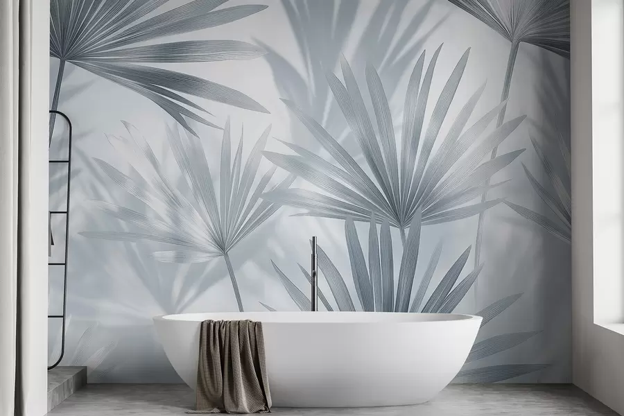 Fototapetai Palmių lapai, gėlių raštas, minimalizmas, atogrąžų, pilkos spalvos w03152v1