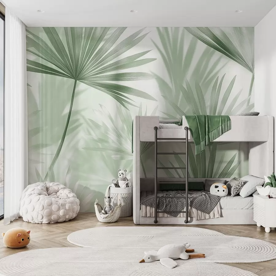 Fototapetai Palmių lapai, gėlių raštas, minimalizmas, atogrąžų, žalios spalvos w03152v2