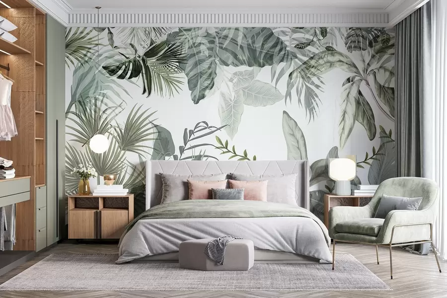 Fototapetai Skaidrūs žalių atspalvių atogrąžų lapai baltame fone w08822