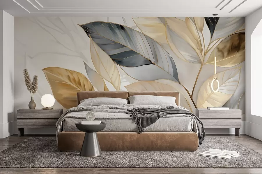 Fototapetai Geltoni, pilki ir balti subtilūs dideli lapai baltame abstrakčios tekstūros fone w08828