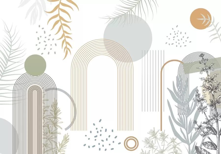 Fototapetai Abstraktus raštas su geometrinėmis figūromis, arkomis ir atogrąžų lapais baltame fone w08835