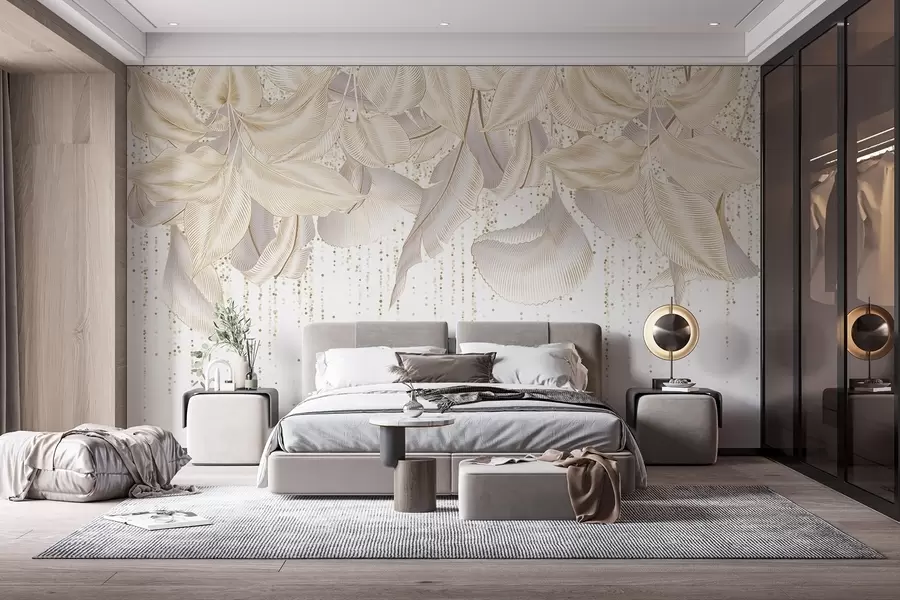 Fototapetai Balta išsami atogrąžų lapų ir geltonų taškelių tekstūra baltame fone w08836