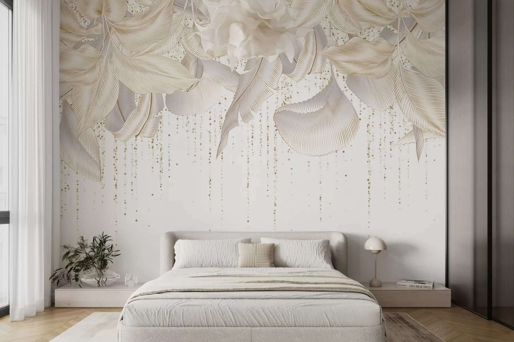 Fototapetai Balta išsami atogrąžų lapų ir geltonų taškelių tekstūra baltame fone w08836