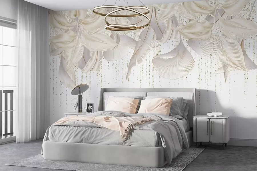 Fototapetai Balta išsami atogrąžų lapų ir geltonų taškelių tekstūra baltame fone w08836