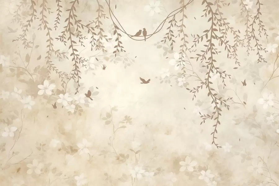 Fototapetai Paukščiai su kabančiais augalais ir gėlių raštu šviesiai smėlio ir kreminės spalvos atspalviais w08809