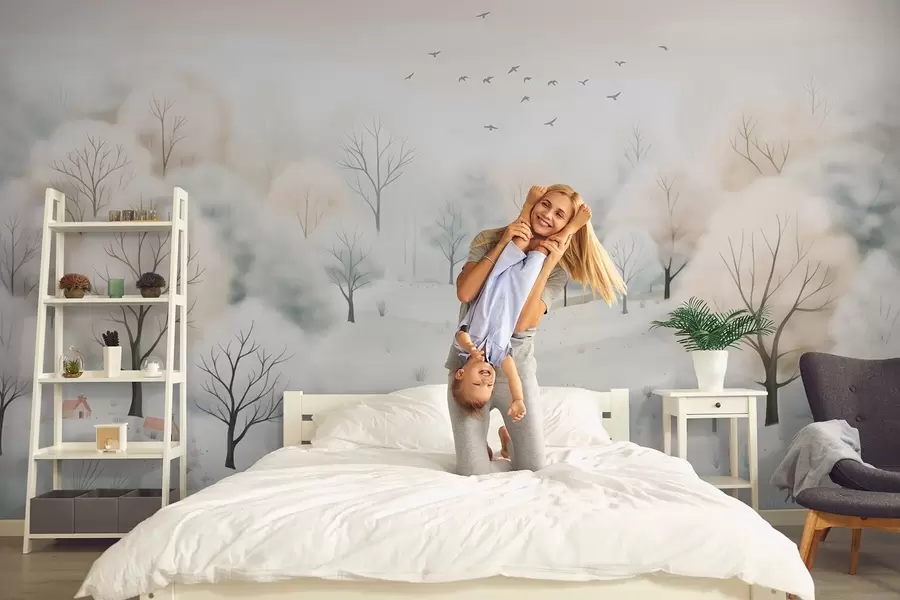 Fototapetai Žiemos miškas su medžiais, mažais nameliais, paukščiais ir sniegu lengvu akvarelės stiliumi w08815