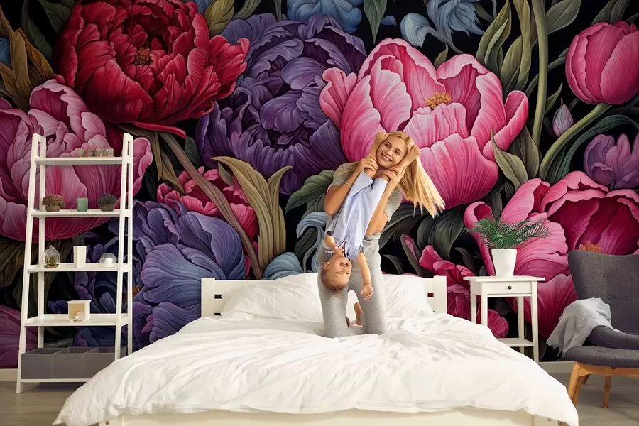 Fototapetai Viktorijos laikų stiliaus rožinės ir violetinės spalvos tulpės ir bijūnai w08818