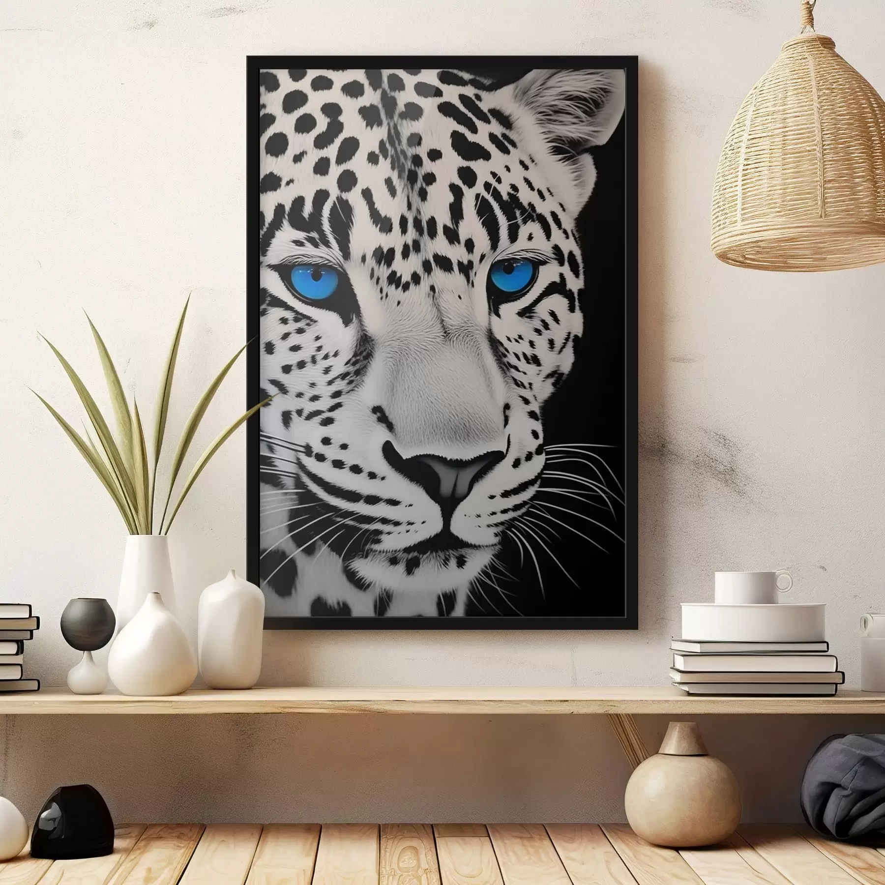 Fototapetai Juodai baltas leopardo mėlynomis akimis portretas f43008