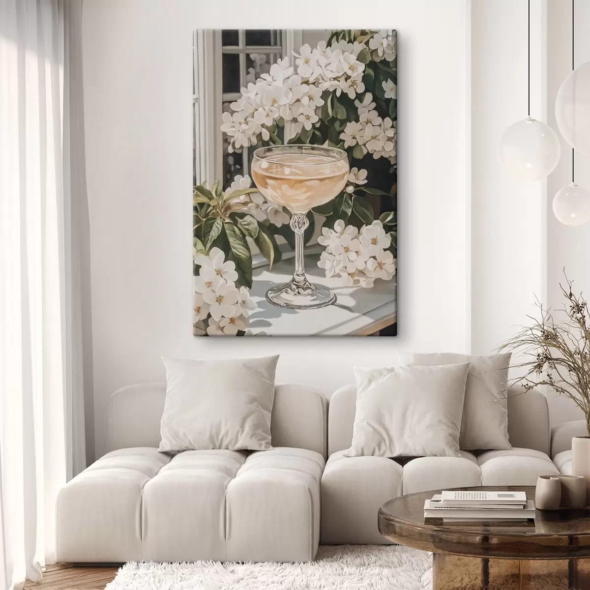 Paveikslėlis Taurė šampano, vintažinis, akvarelės stilius, baltos gėlės s43051