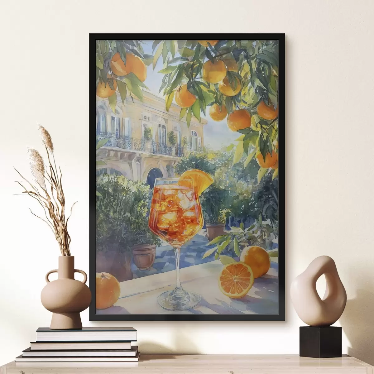 Plakatas Kokteilis su apelsinais, akvarelės stilius, Italija, Aperol Spritz, architektūra, vasaros sodas f43061