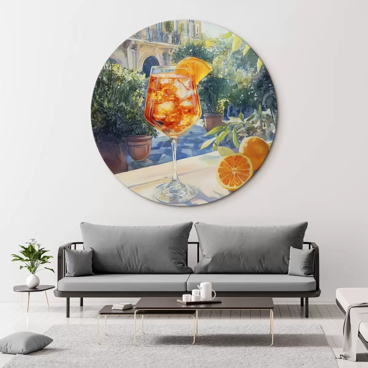 Apvalūs paveikslai Kokteilis su apelsinais, akvarelės stilius, Italija, Aperol Spritz, architektūra, vasaros sodas r43061