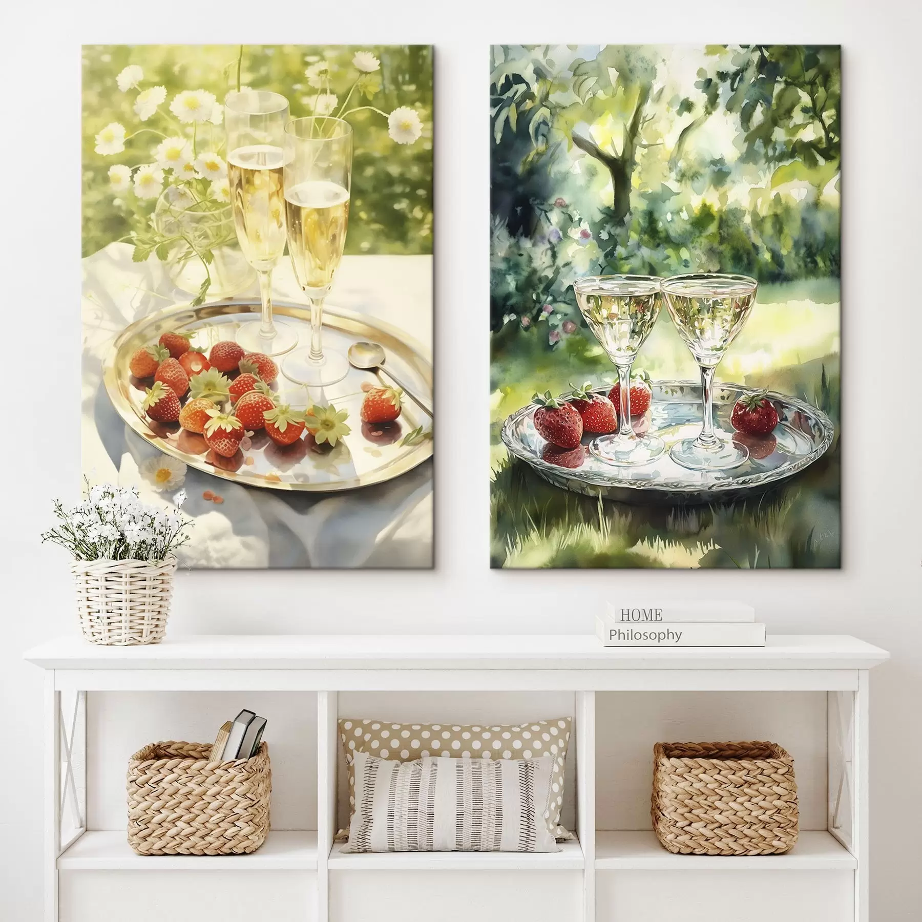 Paveikslėlis Vasaros piknikas, šampano taurės su braškėmis ant padėklo, ramunėlių žiedai m00414