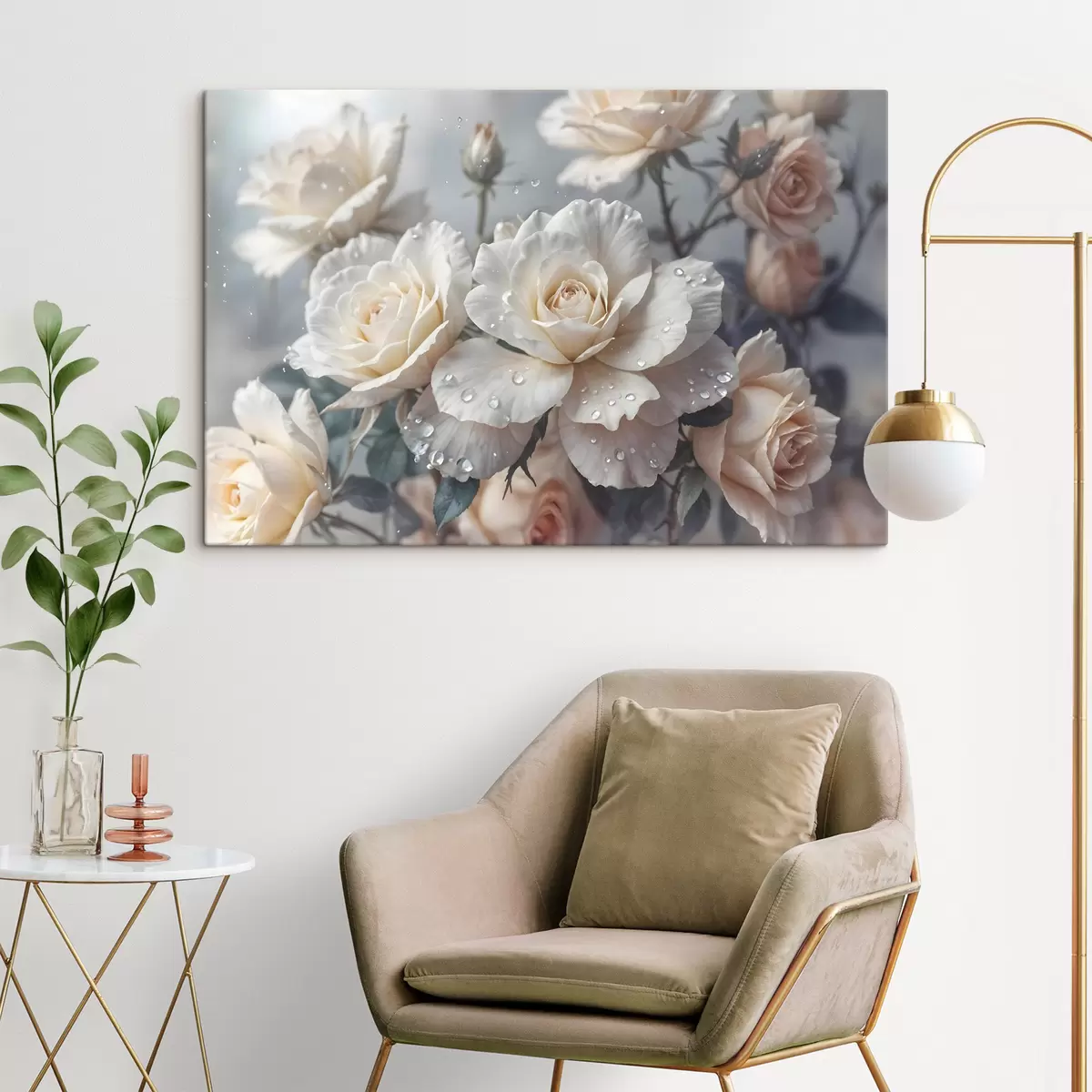 Paveikslėlis Grupė baltų rožių su vandens lašais ant žiedlapių, keletas žalių lapų, prislopintas fonas, švelni šviesa s43163