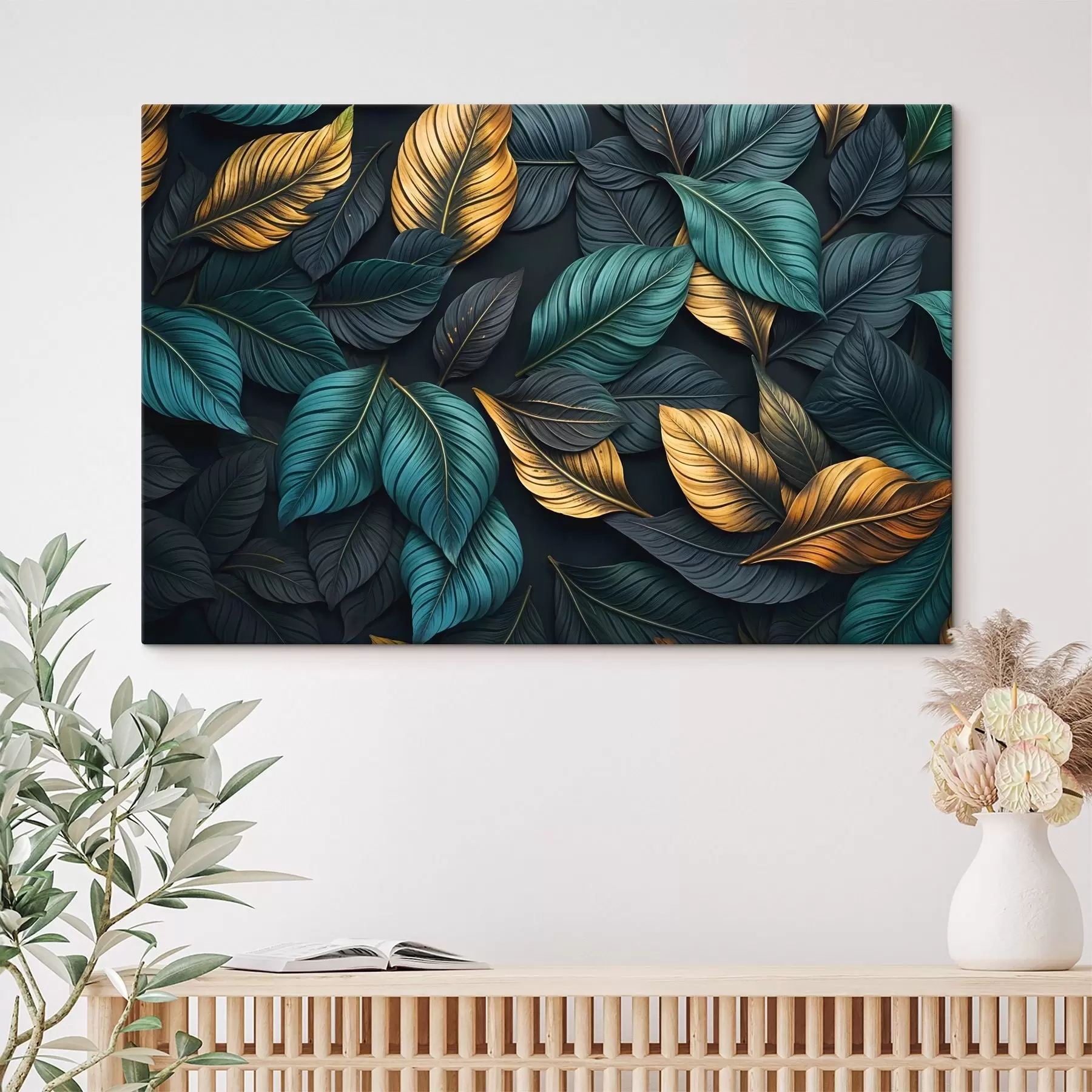 Fototapetai Tamsiai žali, geltoni ir juodi lapai su tamsiomis gyslomis, tamsiame fone, elegantiška atogrąžų atmosfera s43164