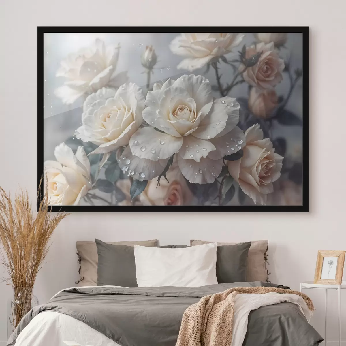 Plakatas Grupė baltų rožių su vandens lašais ant žiedlapių, keletas žalių lapų, prislopintas fonas, švelni šviesa f43163