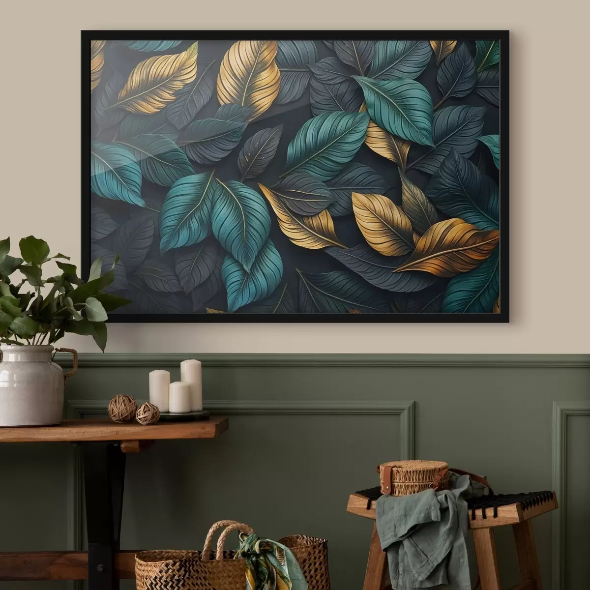 Plakatas Tamsiai žali, geltoni ir juodi lapai su tamsiomis gyslomis, tamsiame fone, elegantiška atogrąžų atmosfera f43164