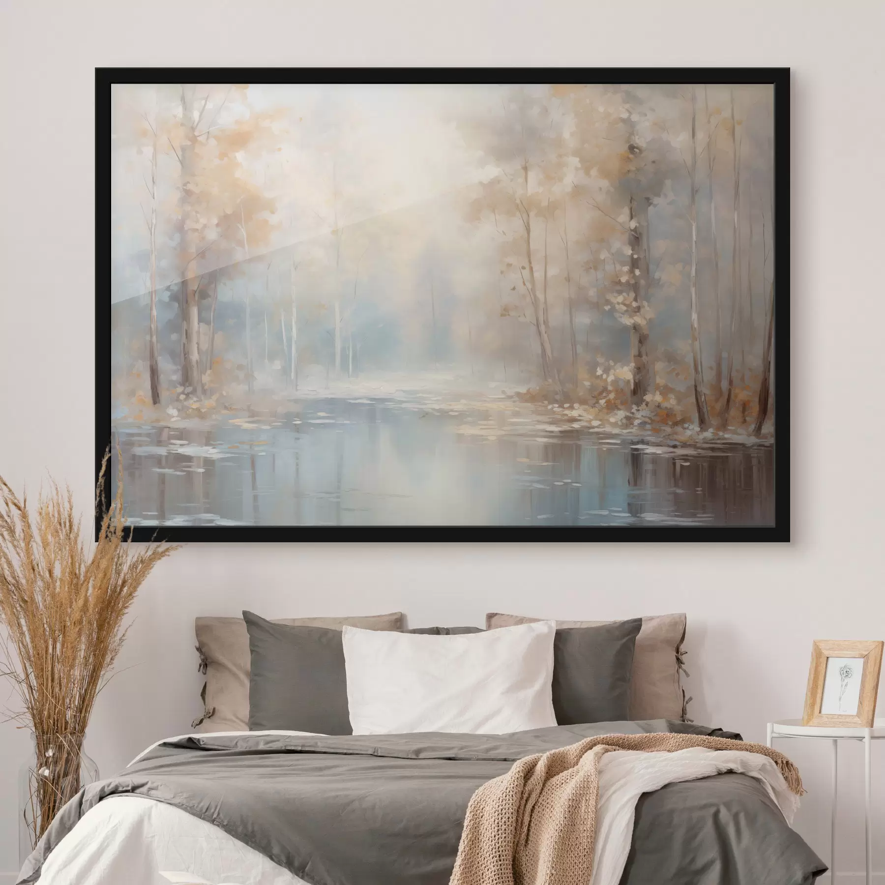 Fototapetai Peizažas tapyba aliejiniais dažais imitacija ramios upės atspindi minkštą šviesą, apsuptas rudens medžių f43167