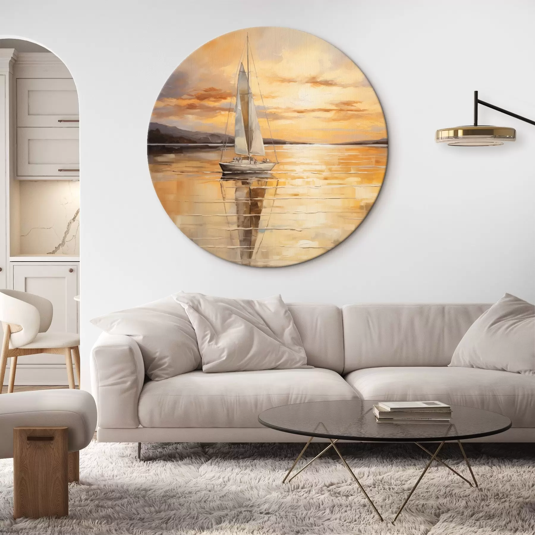 Paveikslėlis Peizažas su burlaiviu ramioje jūroje, oranžiniu ir geltonu dangumi, tolimais kalnais r43169