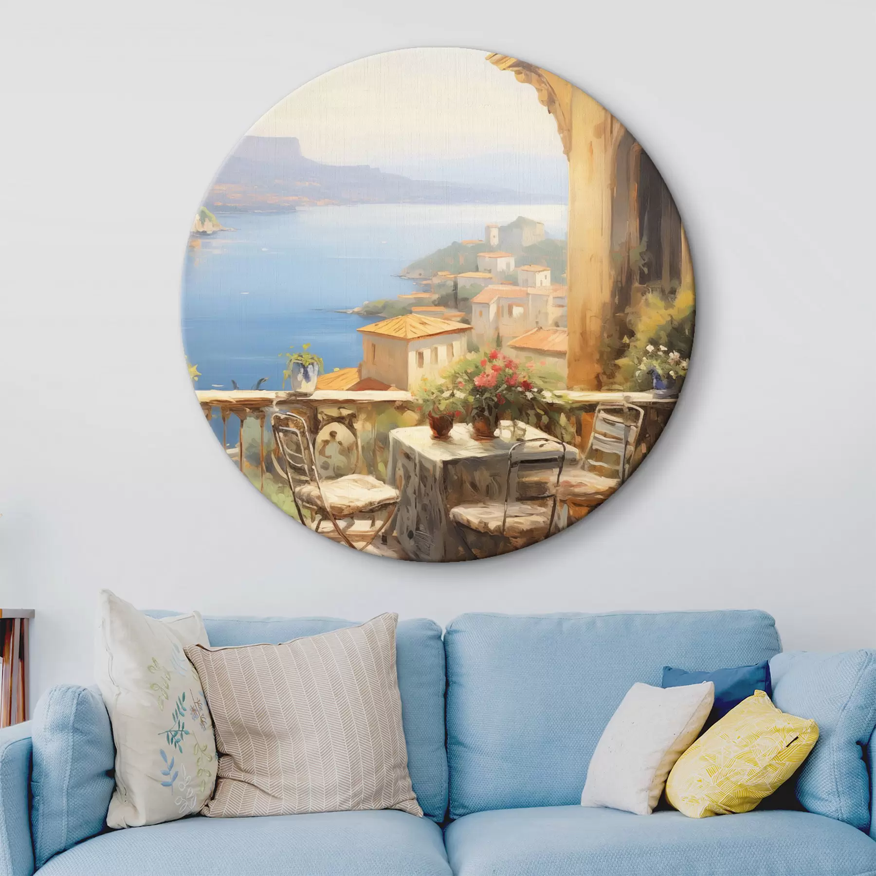 Paveikslėlis Tapyba aliejiniais dažais balkono su gėlėmis imitacija, su vaizdu į jūrą, namus pakrantėje, saulėtą dieną, mėlynas dangus r43173