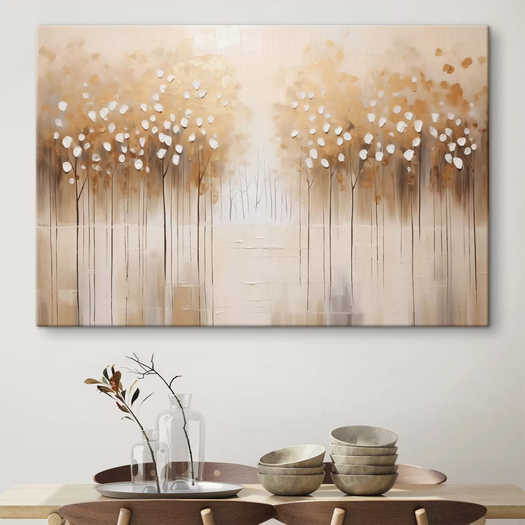 Paveikslėlis Tapyba aliejiniais dažais imituojant rudus medžius su baltais lapais miške su upe viduryje, baltame fone s43172