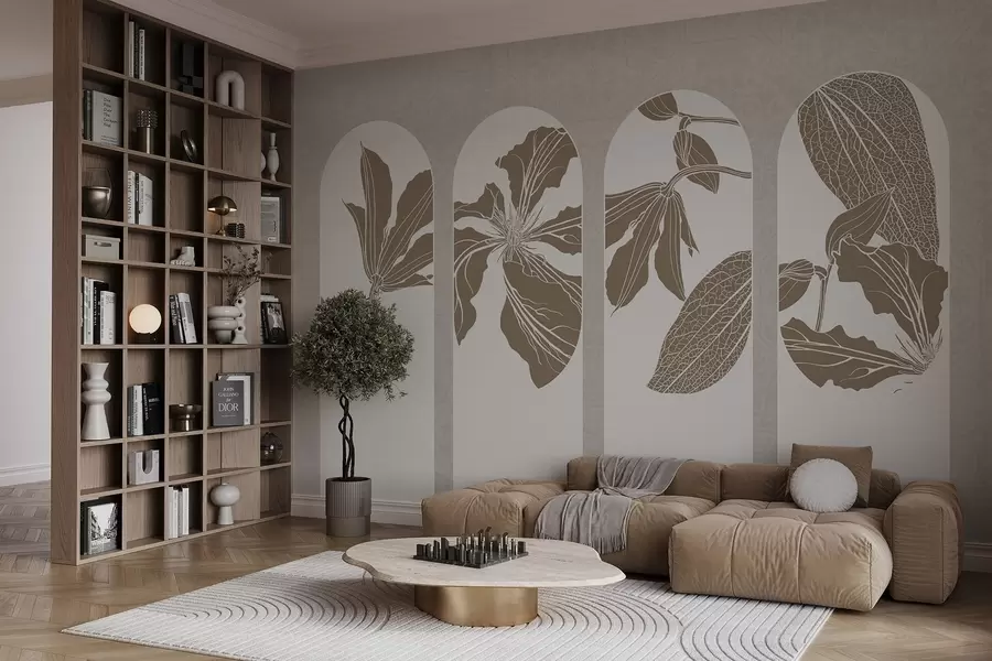 Fototapetai Elegantiškos arkos su gėlių raštais smėlio ir baltos spalvos tekstūruotame smėlio spalvos fone, minimalistinis stilius w08866
