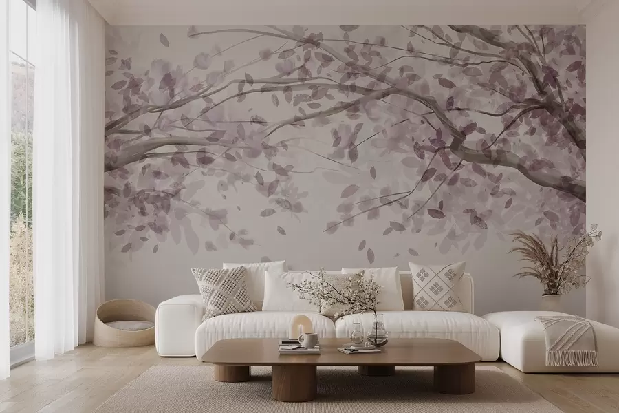 Fototapetai Žiedų šakos su rožiniais lapais, švelnios spalvos, subtilios detalės, akvarelės stilius, šviesiame fone w08867